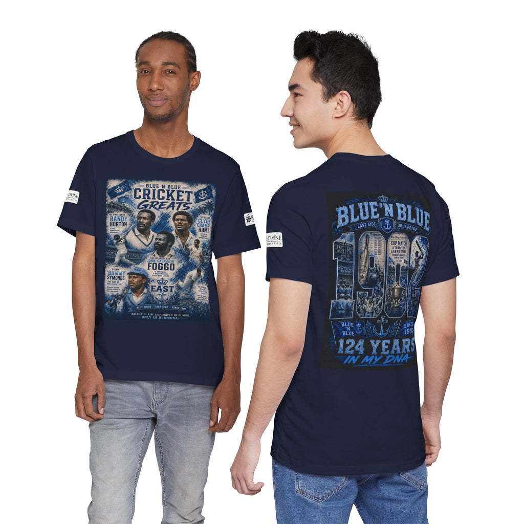 BE DIVINE™ Blue 'N Blue Cricket Greats Heritage Tee – Front & Back Collector Edition