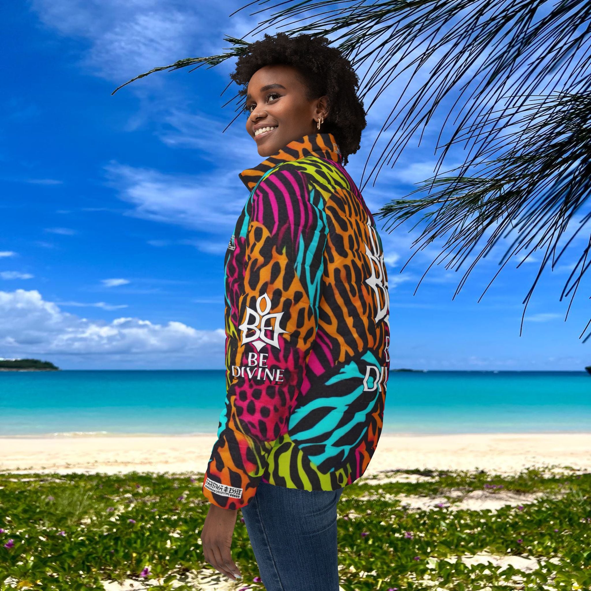 BE DIVINE™ Neon Jungle Women’s Designer Print Puffer Jacket – Bold Animal Patchwork Statement Outerwear by Tabitha Essie