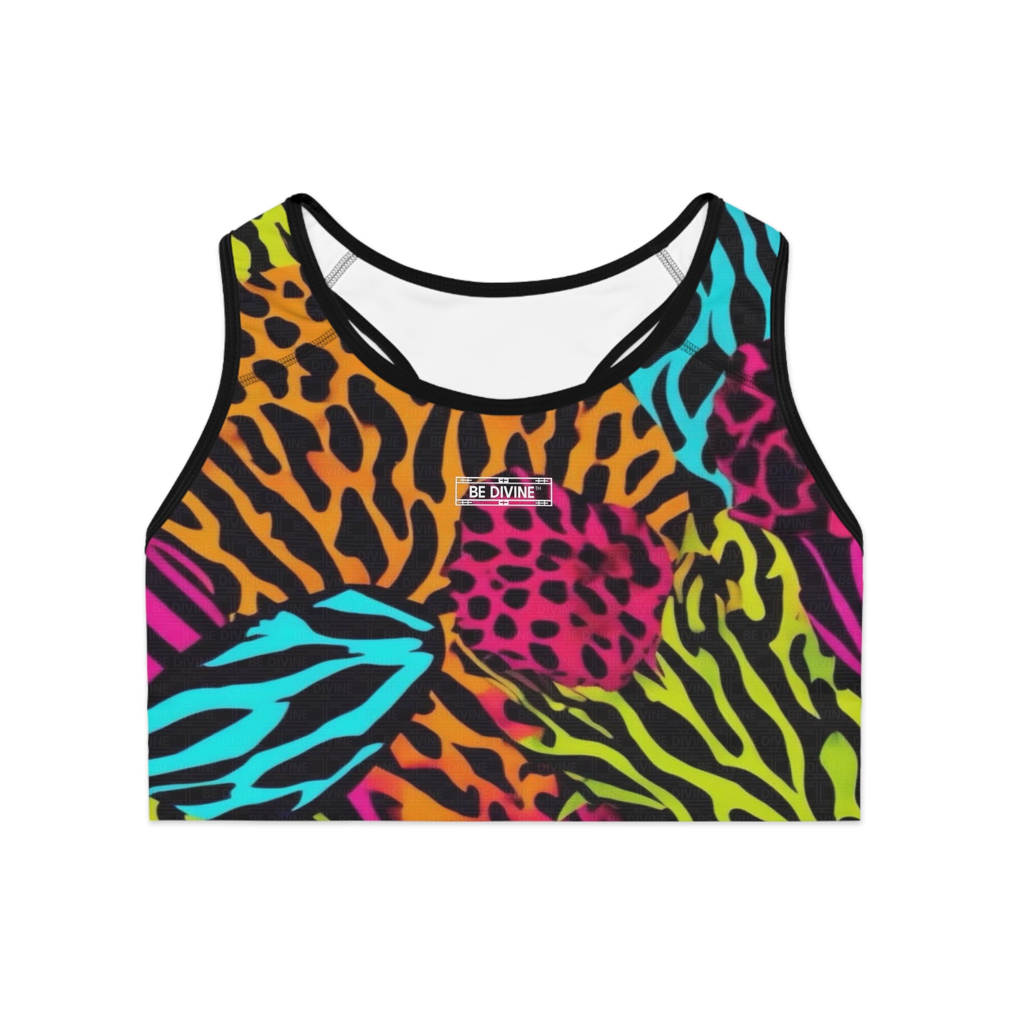 BE DIVINE™ Neon Jungle Sports Bra - Bold Animal Patchwork | Supportive Athleisure Top by Tabitha Essie