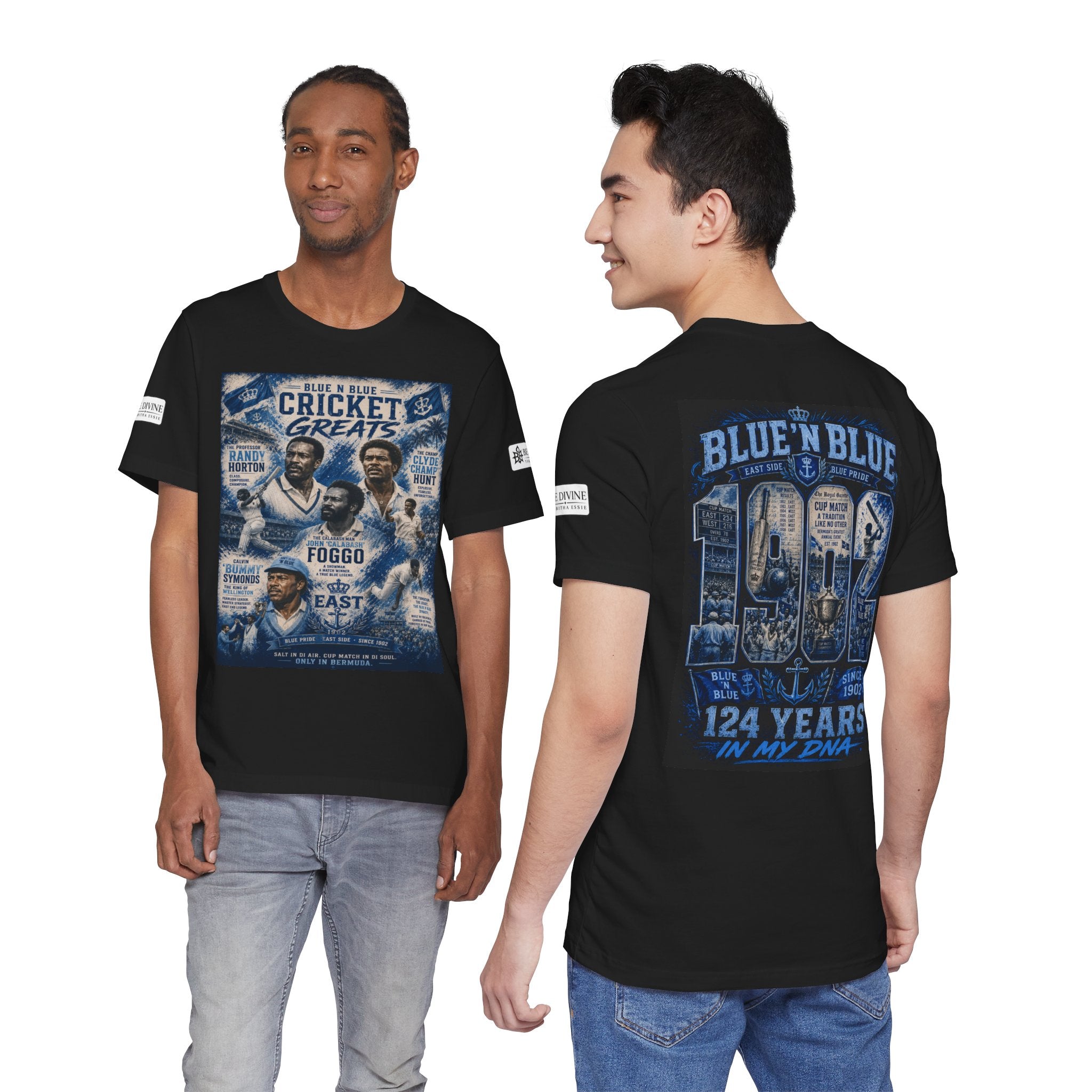 BE DIVINE™ Blue 'N Blue Cricket Greats Heritage Tee – Front & Back Collector Edition