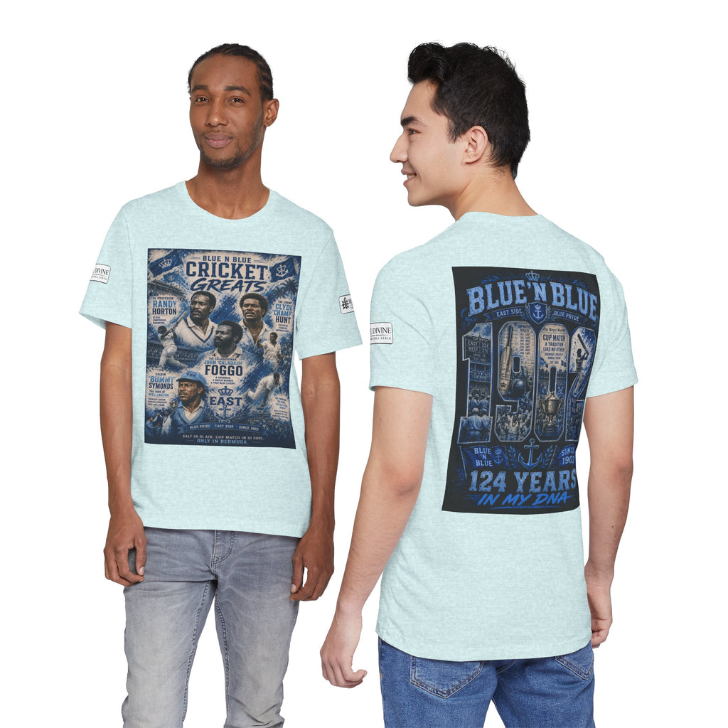 BE DIVINE™ Blue 'N Blue Cricket Greats Heritage Tee – Front & Back Collector Edition