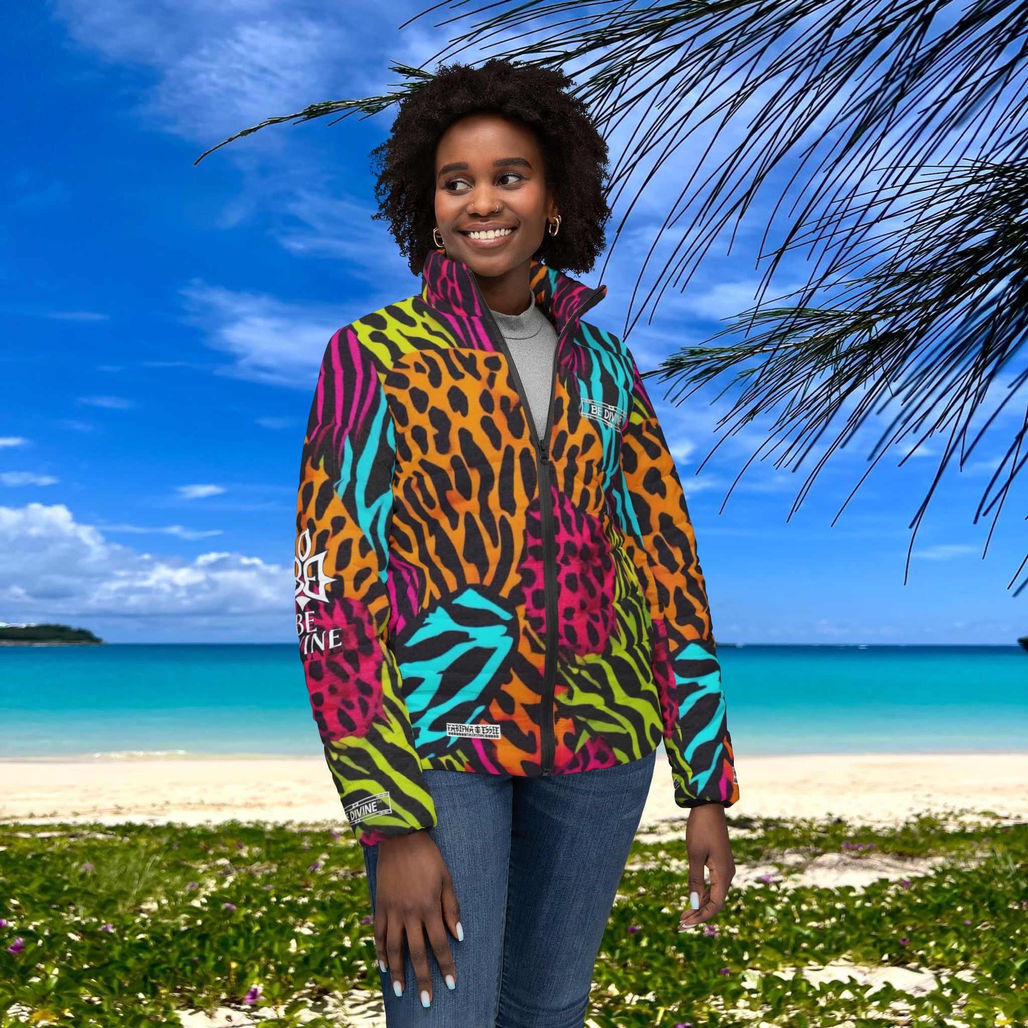 BE DIVINE™ Neon Jungle Women’s Designer Print Puffer Jacket – Bold Animal Patchwork Statement Outerwear by Tabitha Essie