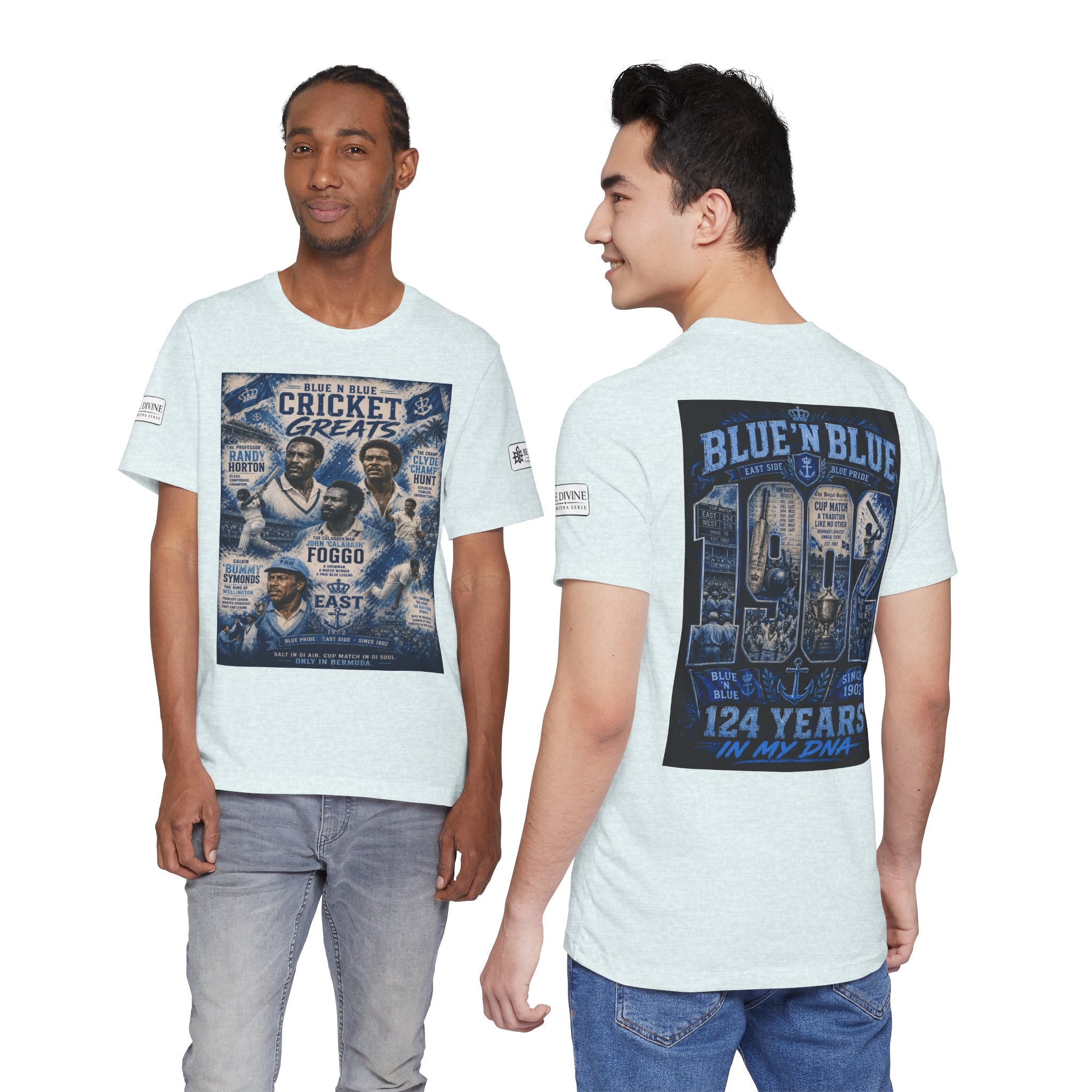 BE DIVINE™ Blue 'N Blue Cricket Greats Heritage Tee – Front & Back Collector Edition