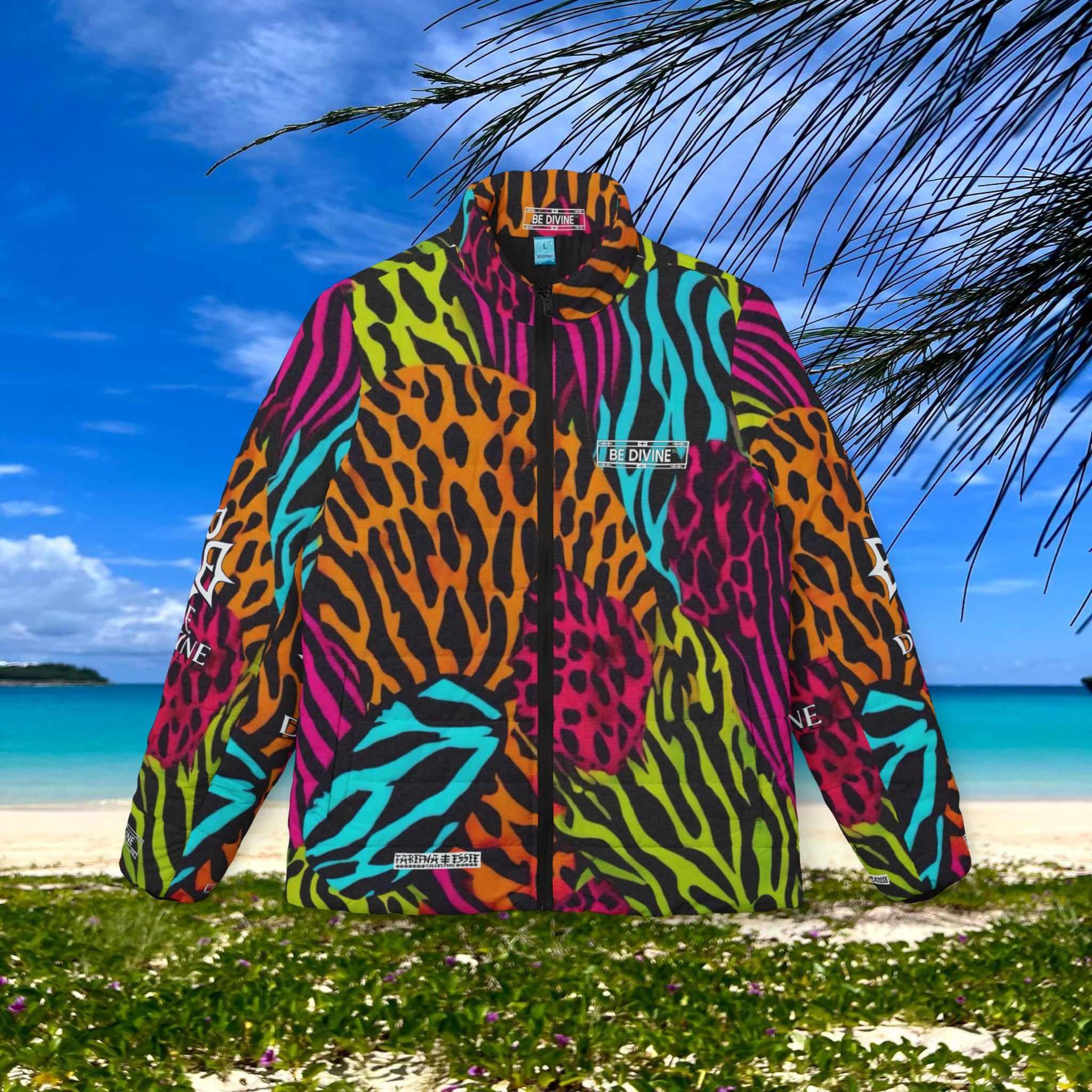 BE DIVINE™ Neon Jungle Women’s Designer Print Puffer Jacket – Bold Animal Patchwork Statement Outerwear by Tabitha Essie