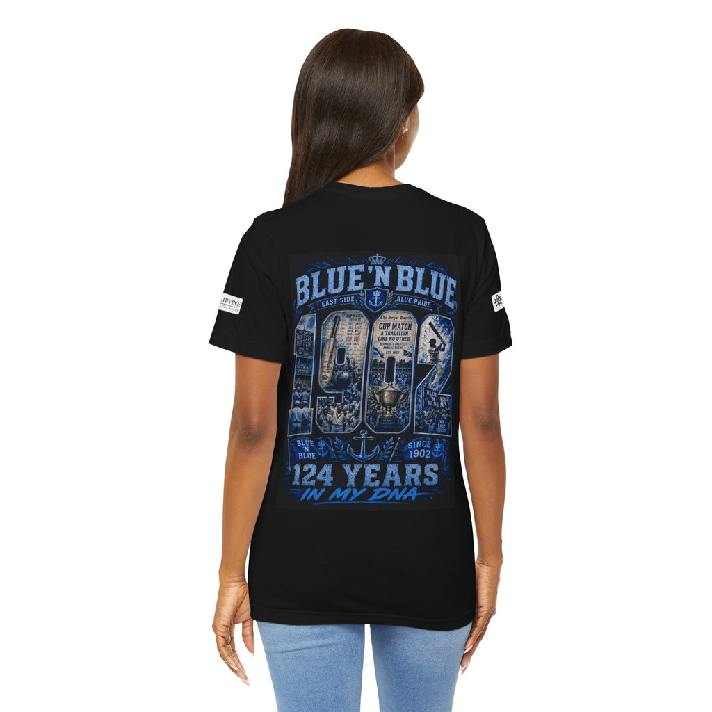 BE DIVINE™ Blue 'N Blue Cricket Greats Heritage Tee – Front & Back Collector Edition