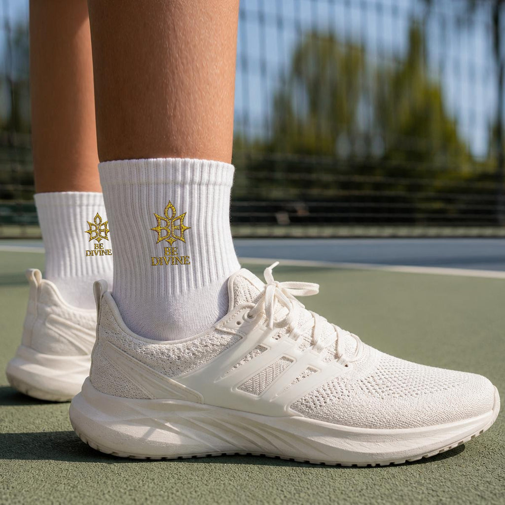 BE DIVINE™ Heritage Embroidered Crew Socks | Premium Gold Designer Socks by Tabitha Essie