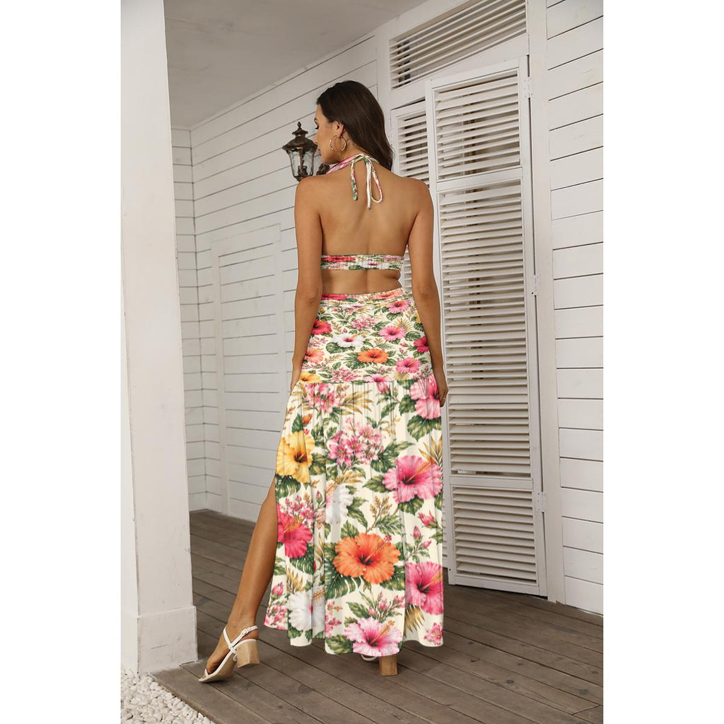 BE DIVINE™ Bermuda Multicolor Hibiscus Halter Maxi Dress