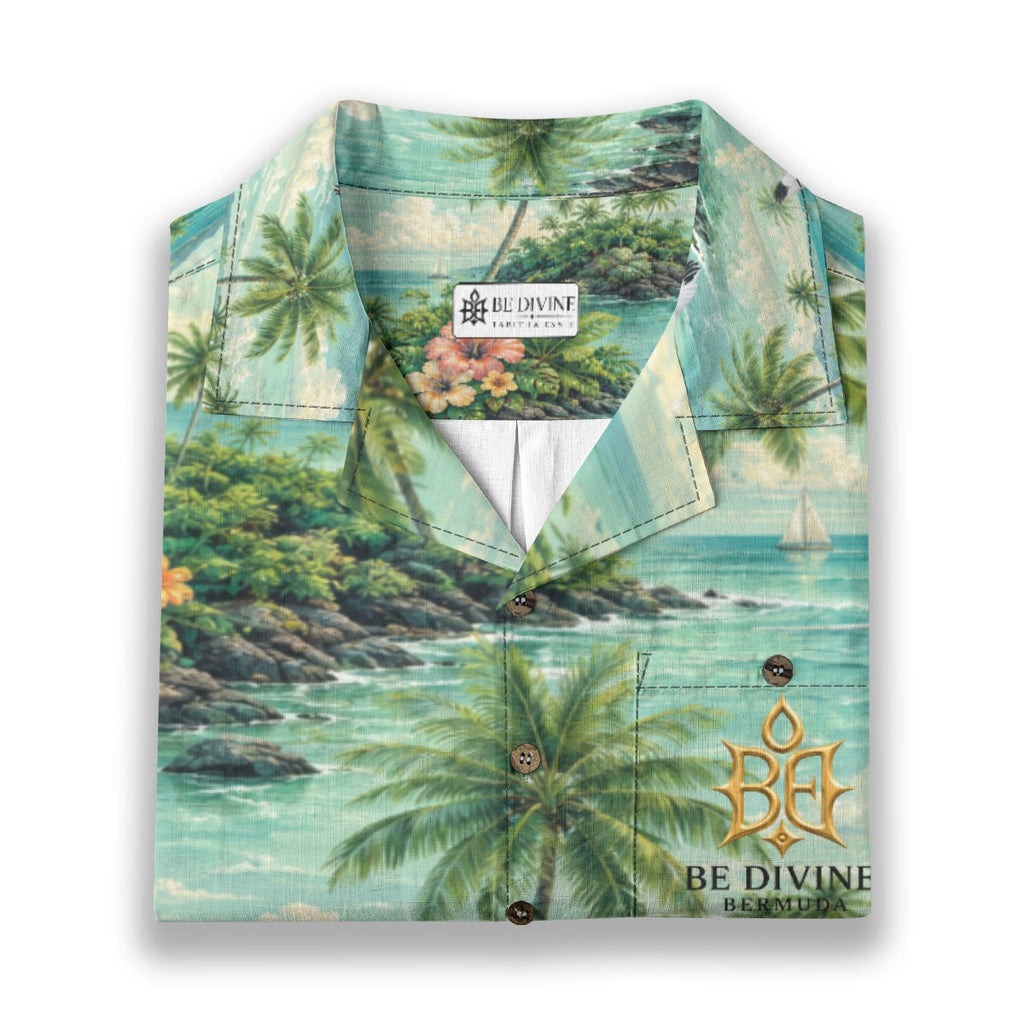 BE DIVINE Bermuda Tropical Longtail Paradise Cotton Hawaiian Shirt