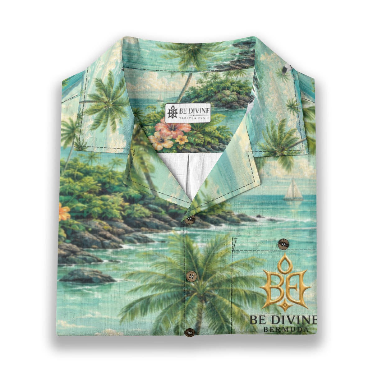 BE DIVINE Bermuda Tropical Longtail Paradise Cotton Hawaiian Shirt
