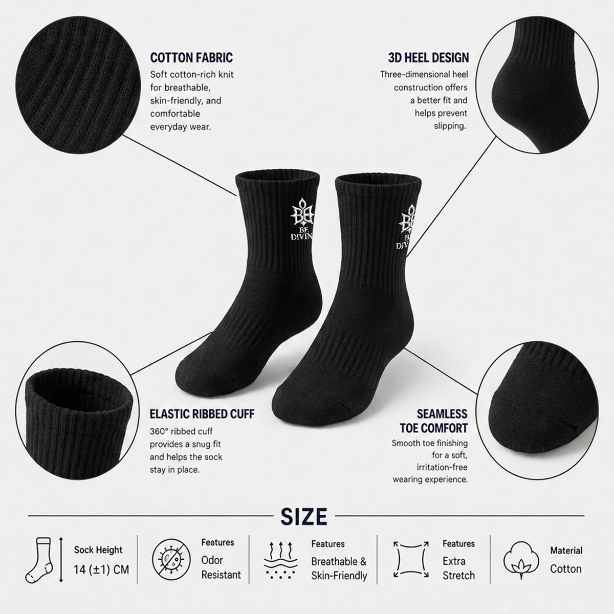 BE DIVINE™ Signature Embroidered Crew Socks – Black | Premium Designer Socks by Tabitha Essie