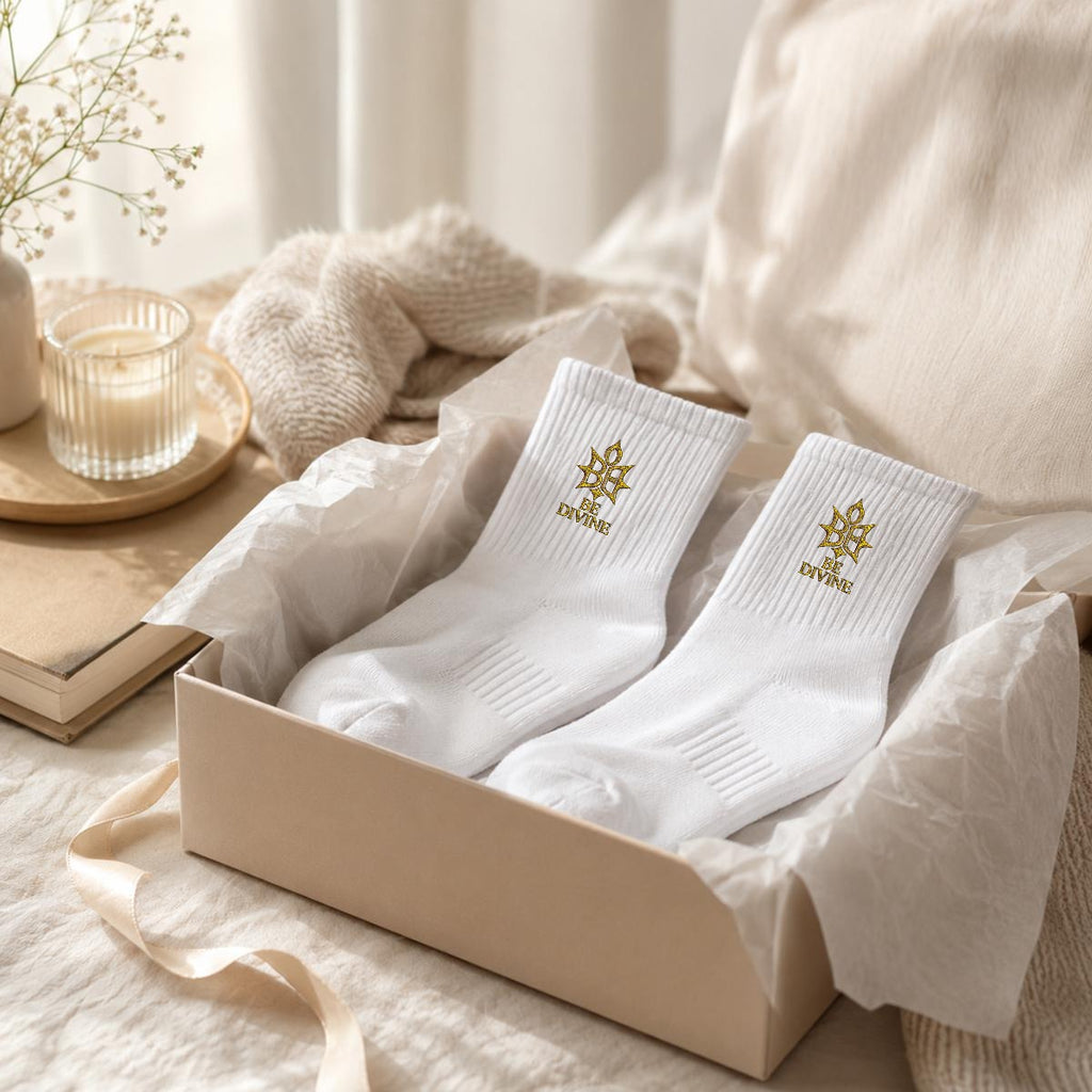 BE DIVINE™ Heritage Embroidered Crew Socks | Premium Gold Designer Socks by Tabitha Essie