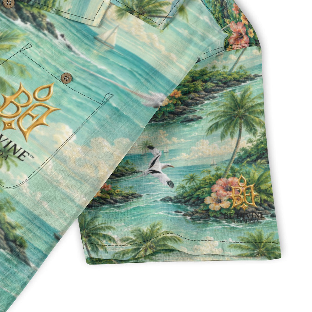 BE DIVINE Bermuda Tropical Longtail Paradise Cotton Hawaiian Shirt