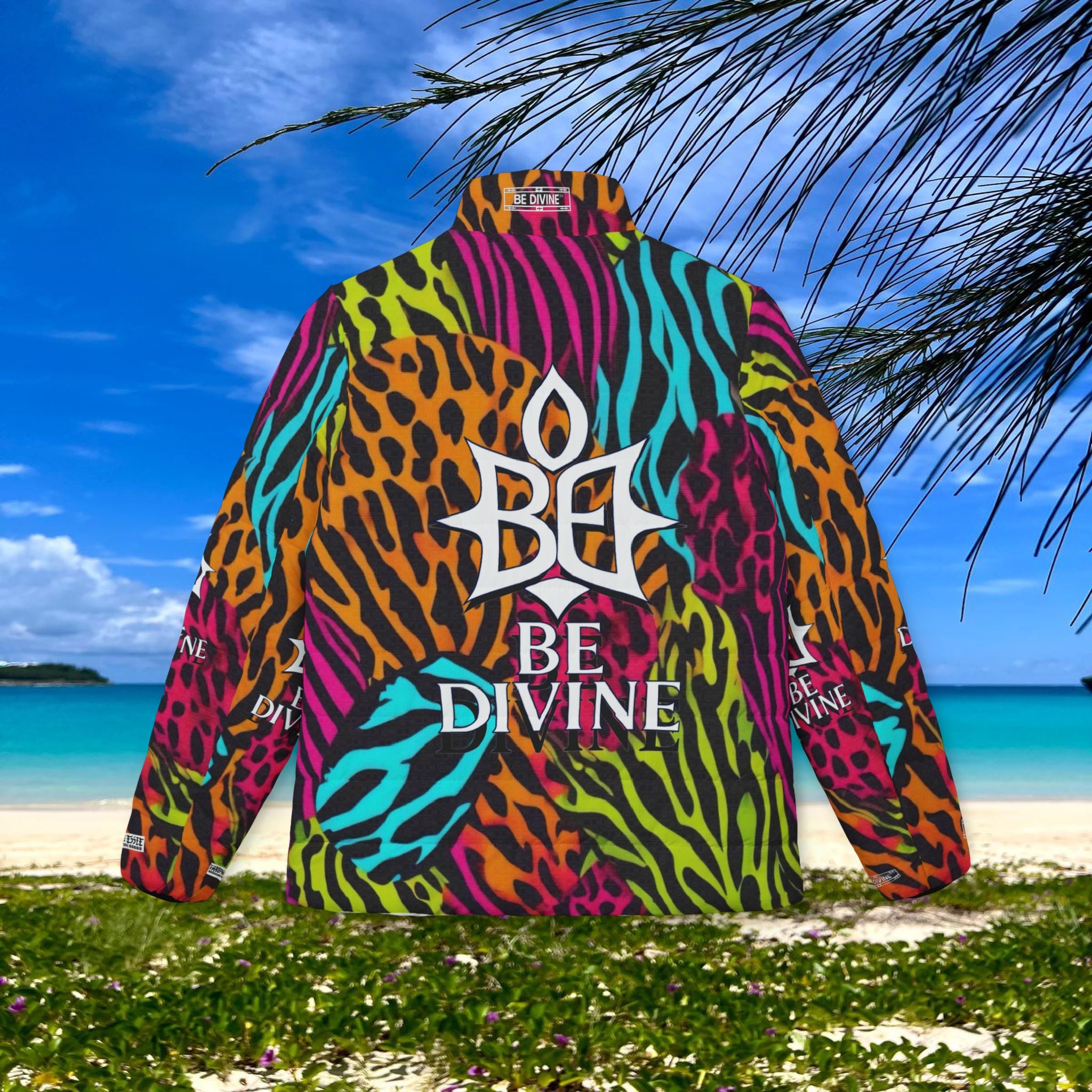 BE DIVINE™ Neon Jungle Women’s Designer Print Puffer Jacket – Bold Animal Patchwork Statement Outerwear by Tabitha Essie