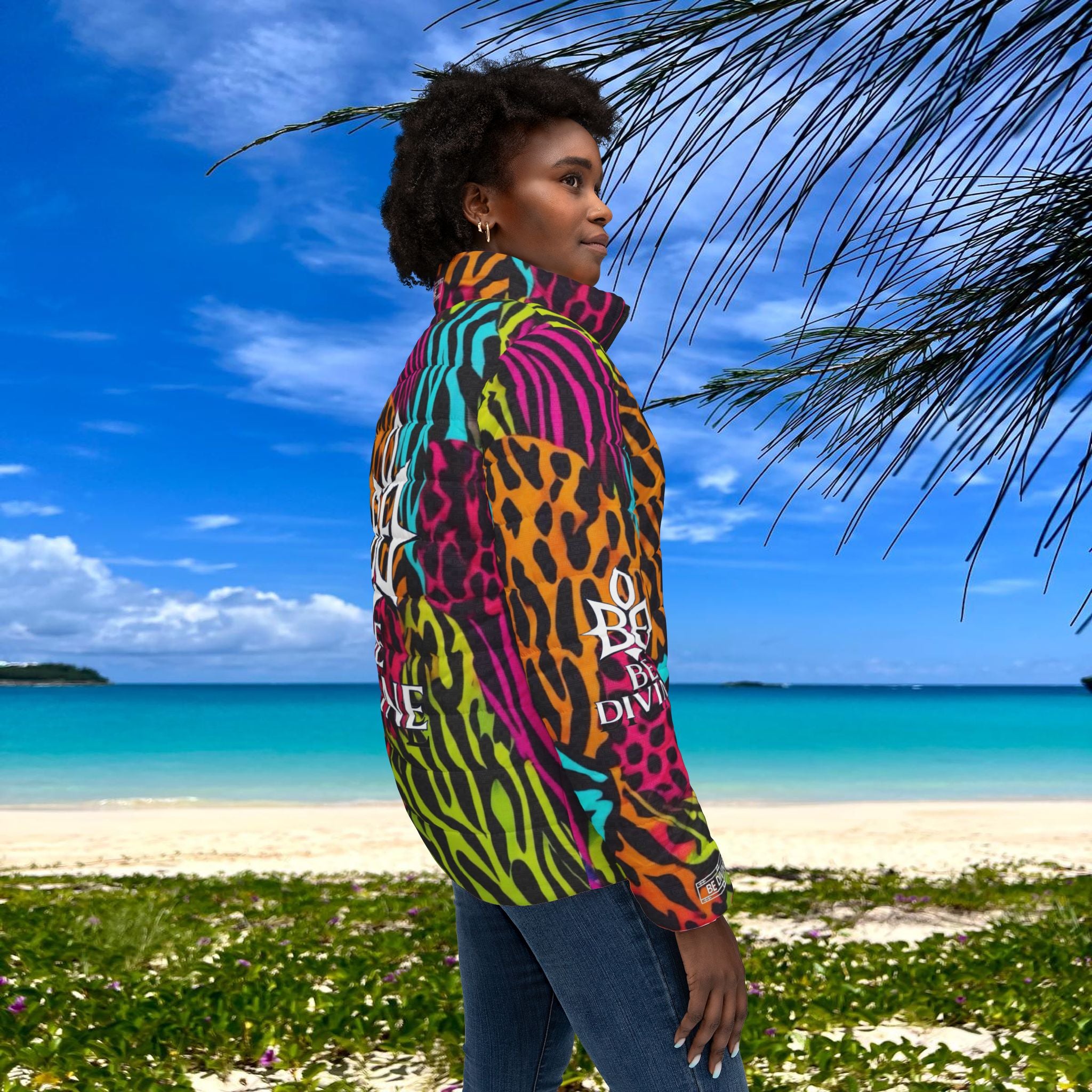 BE DIVINE™ Neon Jungle Women’s Designer Print Puffer Jacket – Bold Animal Patchwork Statement Outerwear by Tabitha Essie