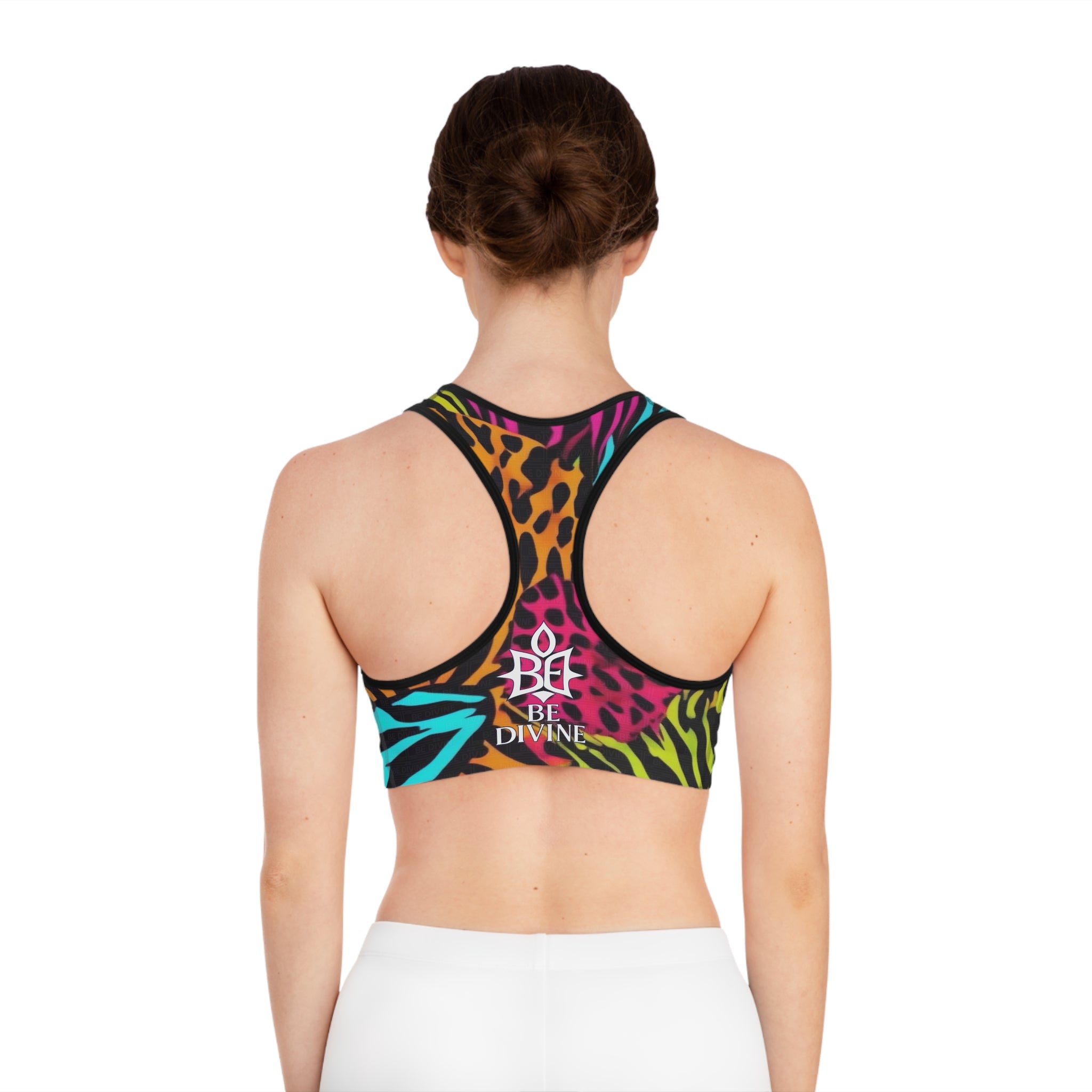 BE DIVINE™ Neon Jungle Sports Bra - Bold Animal Patchwork | Supportive Athleisure Top by Tabitha Essie