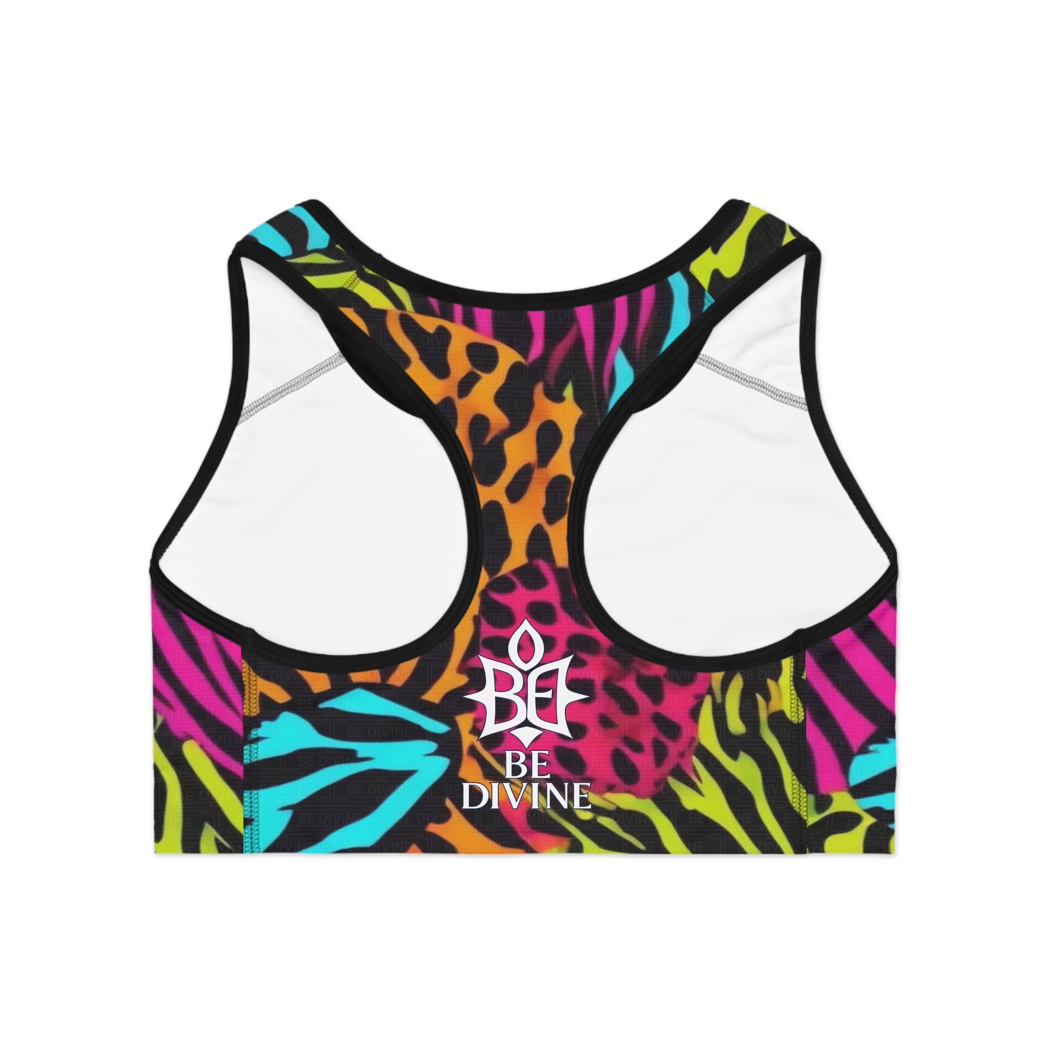 BE DIVINE™ Neon Jungle Sports Bra - Bold Animal Patchwork | Supportive Athleisure Top by Tabitha Essie