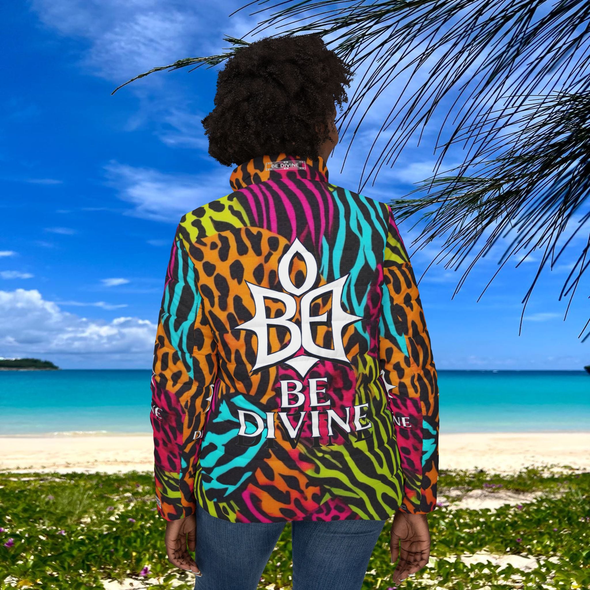 BE DIVINE™ Neon Jungle Women’s Designer Print Puffer Jacket – Bold Animal Patchwork Statement Outerwear by Tabitha Essie