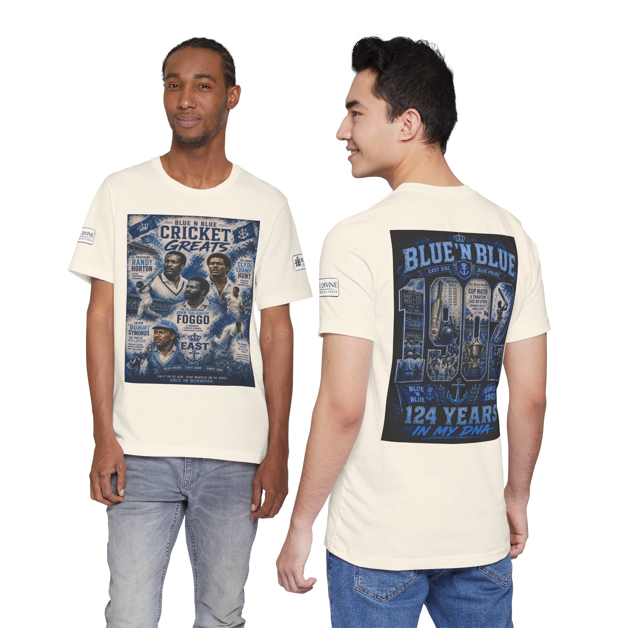 BE DIVINE™ Blue 'N Blue Cricket Greats Heritage Tee – Front & Back Collector Edition