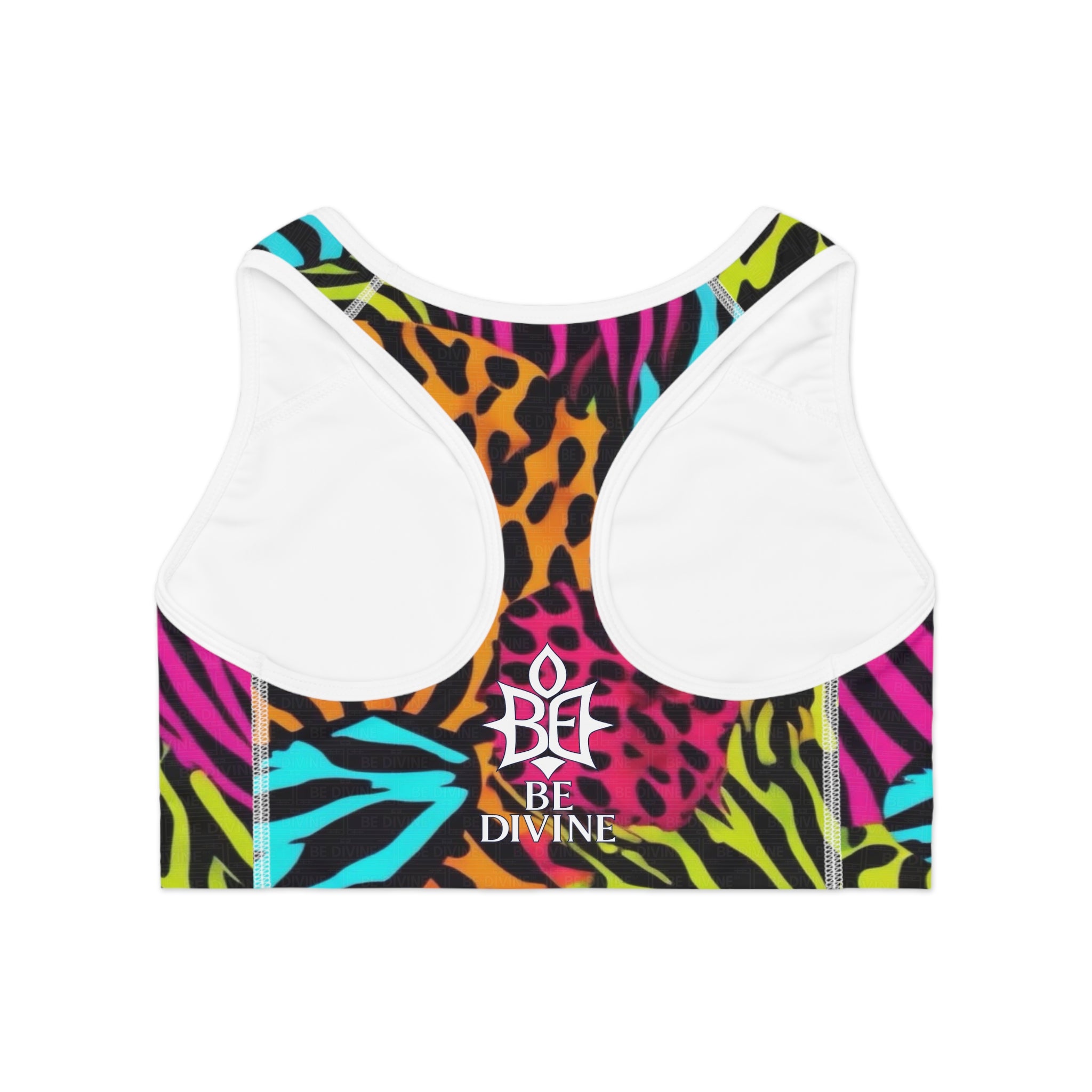 BE DIVINE™ Neon Jungle Sports Bra - Bold Animal Patchwork | Supportive Athleisure Top by Tabitha Essie