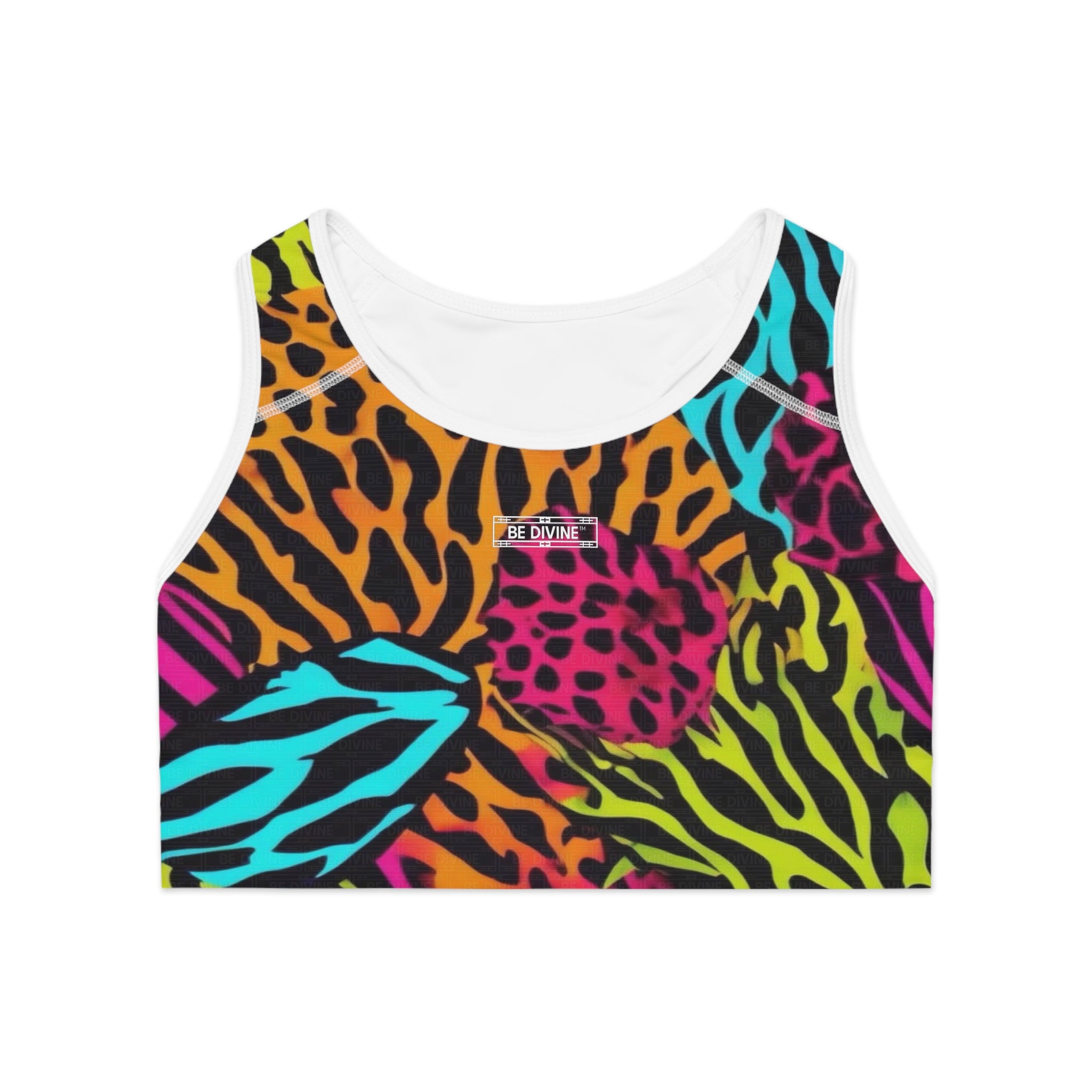 BE DIVINE™ Neon Jungle Sports Bra - Bold Animal Patchwork | Supportive Athleisure Top by Tabitha Essie