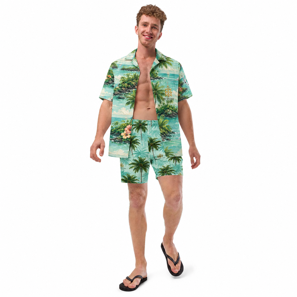 BE DIVINE™ Bermuda Palm Resort Recycled Swim Trunks