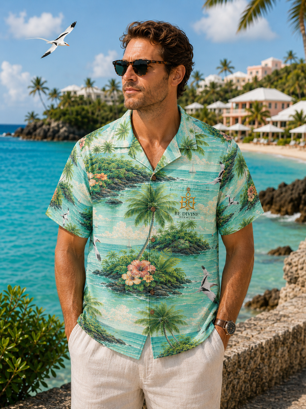 BE DIVINE Bermuda Tropical Longtail Paradise Cotton Hawaiian Shirt