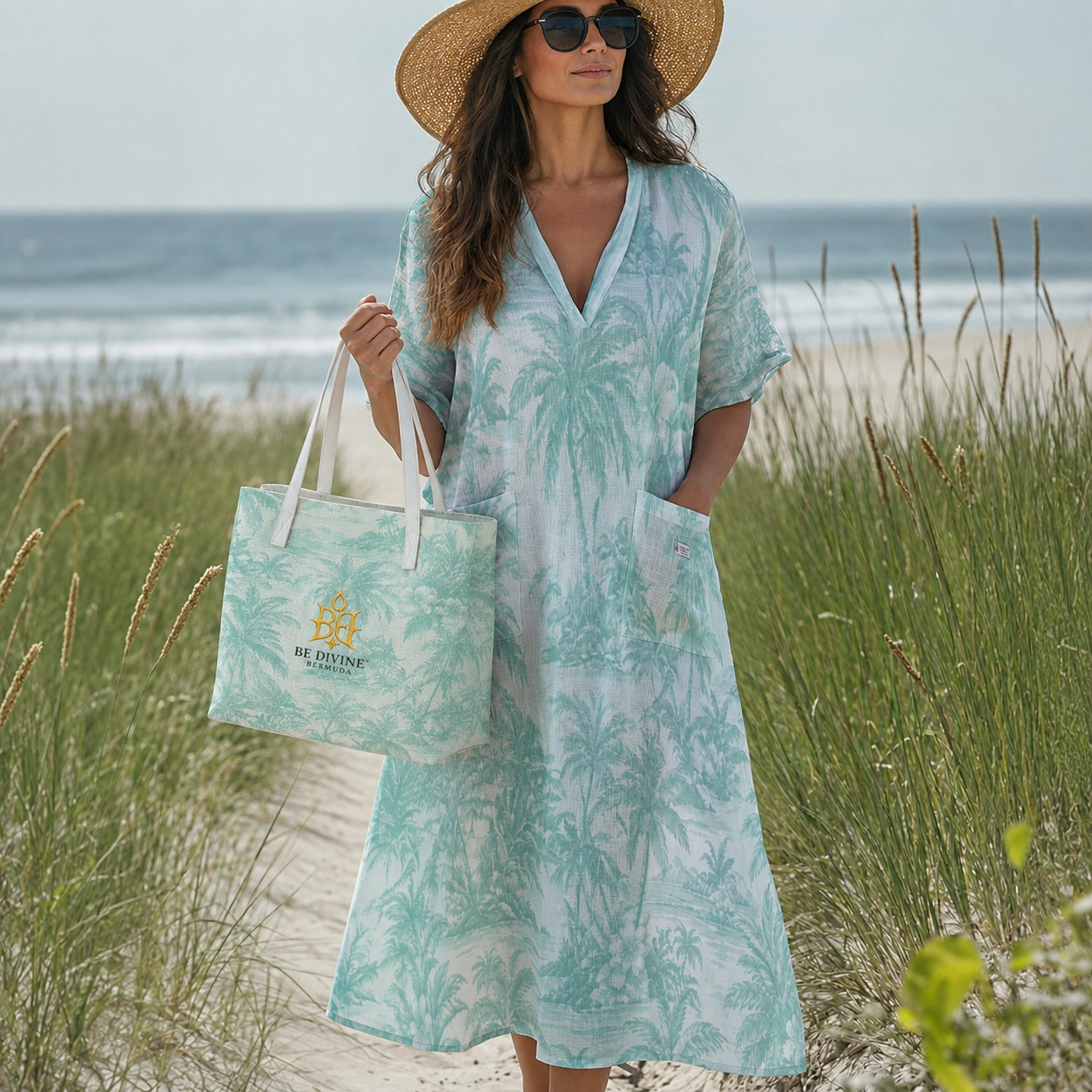 BE DIVINE™ Bermuda Tropical Toile V-Neck Resort Dress