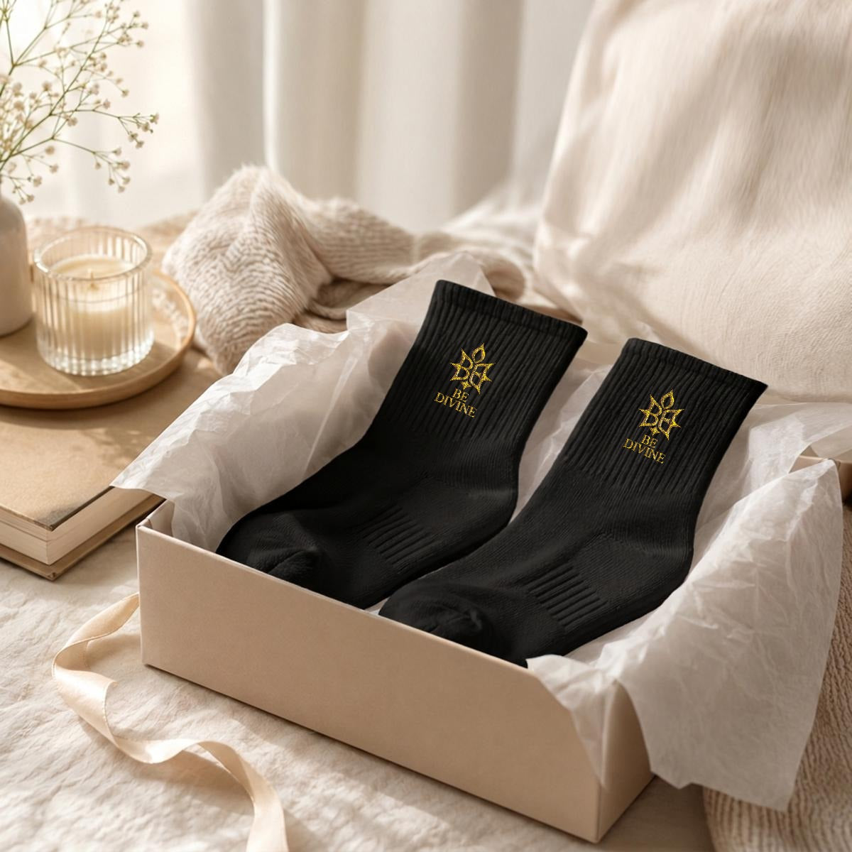 BE DIVINE™ Heritage Embroidered Crew Socks | Premium Gold Designer Socks by Tabitha Essie
