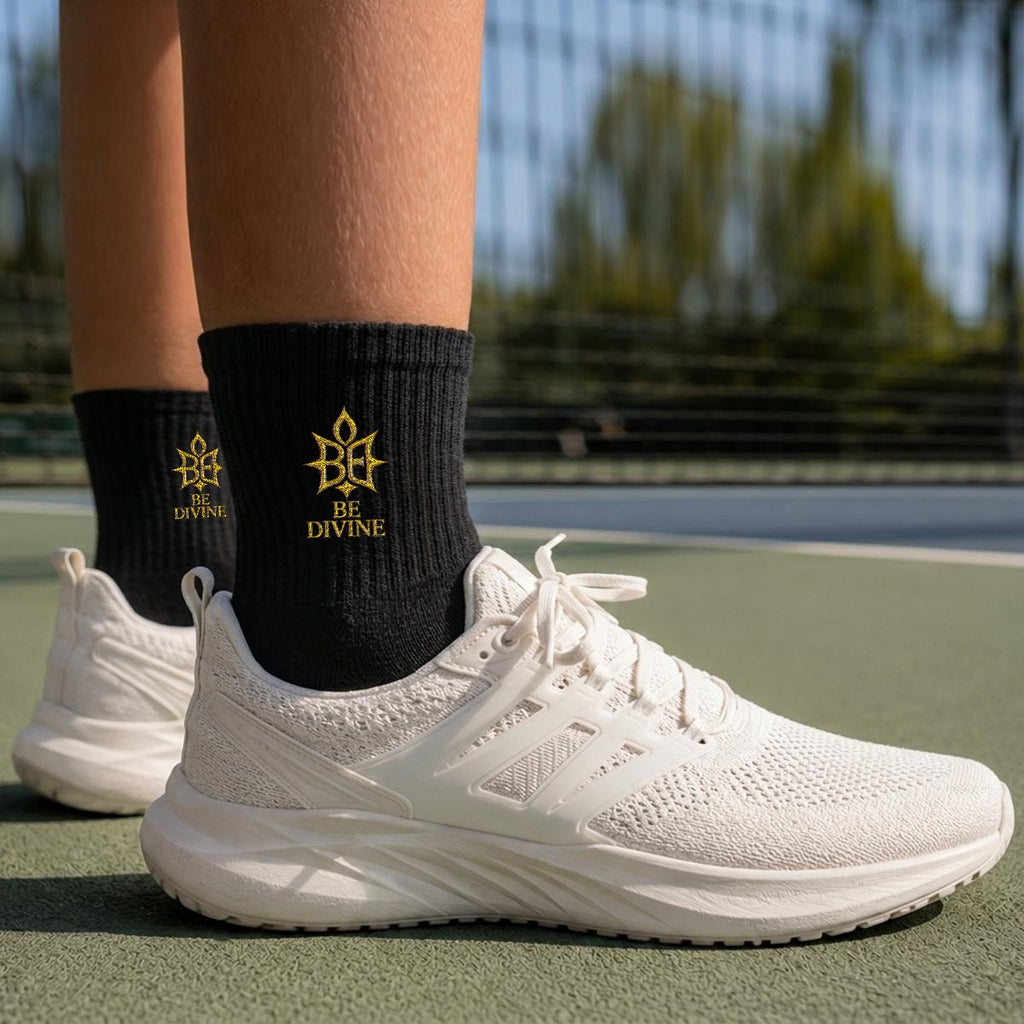 BE DIVINE™ Heritage Embroidered Crew Socks | Premium Gold Designer Socks by Tabitha Essie